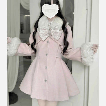 Japanese Mass-Produced Long Wool Collar Coat 20% Wool Waist-Cinching Sweet Girl Long Sleeve Slim Fit Elegant Lolita Woolen Coat
