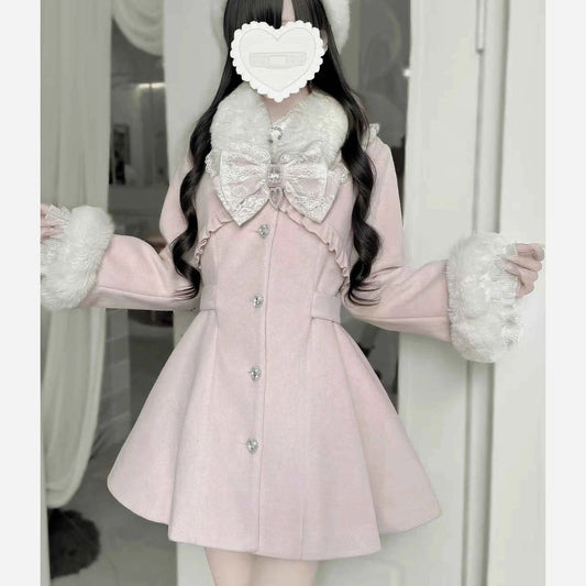 Japanese Mass-Produced Long Wool Collar Coat 20% Wool Waist-Cinching Sweet Girl Long Sleeve Slim Fit Elegant Lolita Woolen Coat