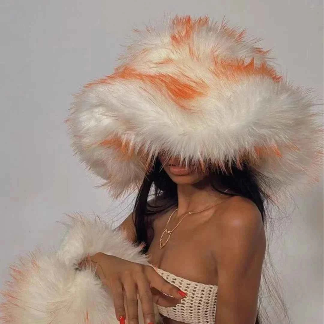Luxury Fluffy Women Faux Fur Bucket Hats Oversized 17cm Wide Brim Thicken Outdoor Warm Plush Punk Hat Girl Y2k Female Ski Panama