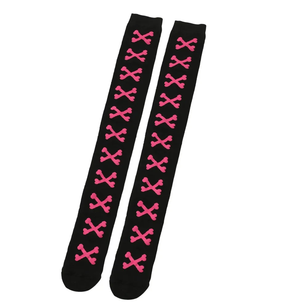 SS69 Women's Bone Print Thigh High Socks - Cotton Blend Cosplay Stockings