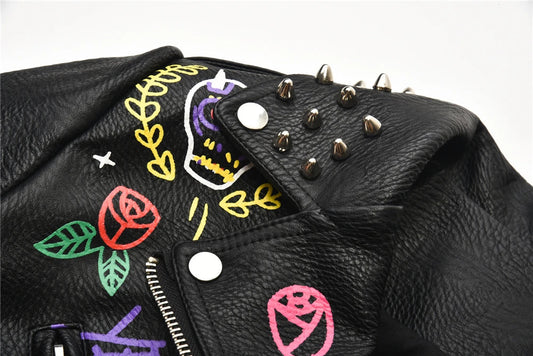 Fashion chain beading leather jacket Locomotive graffiti cartoon pu Leather Jacket female Punk Motorcyle Jacket with belt F2161 SS69