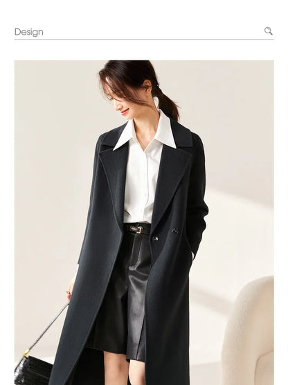 SENTUBILA Women 100% Wool Long Wrap Coat 2026 Elegant Notched Collar Belted Warm Double Faced Woolen Winter Overcoat W24O43352