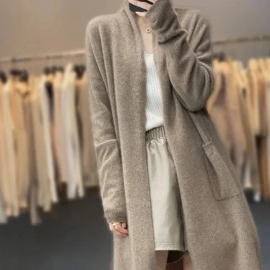 Merino Wool  Autumn winter brown Women 2026 knit Cardigan Long Sleeve Sweater Loose Warm Knitwear Long Coat korean christmas