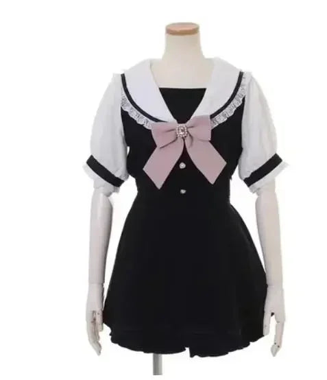 Geyalovvy Women's Lolita Sailor Collar Plaid Rhinestone Bow Two-Piece Set