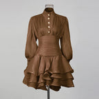TWOTWINSTYLE Solid Spliced Ruffles Dress Female Stand Collar Long Sleeve Loose French Elegant Women's Dresses Autumn Fashion New