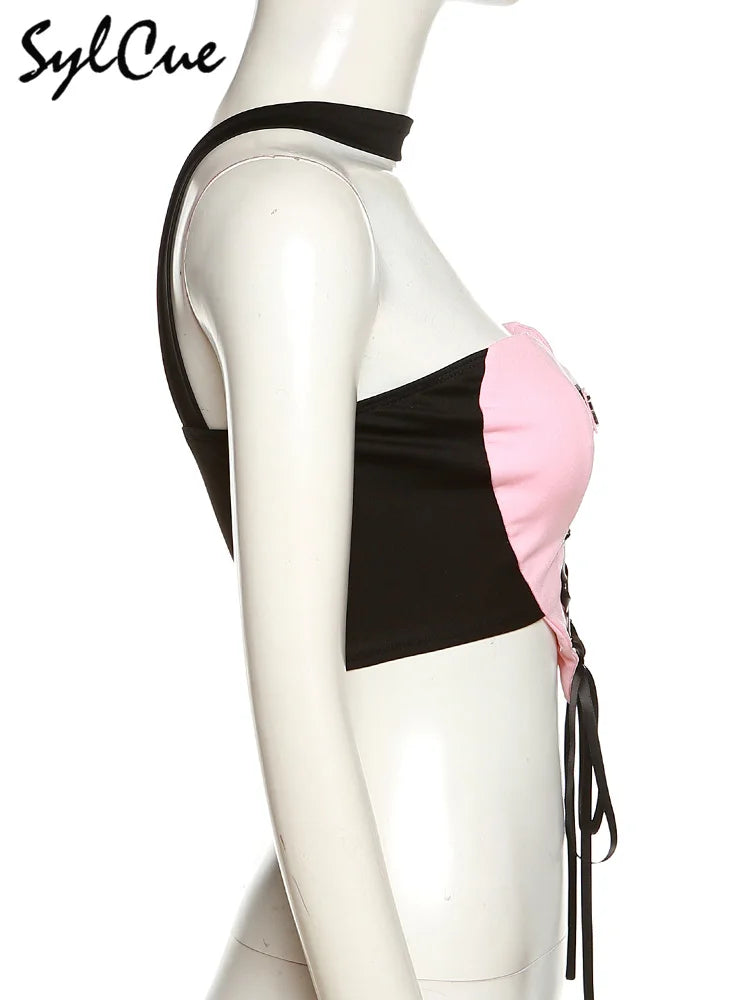 Sylcue Stitching Pink Sexy Hanging Neck Elastic Outer Wear Mature Charm Hot High Street Royal Sister Women's Vest Short Top SS69