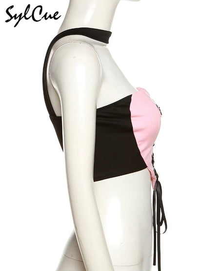 Sylcue Stitching Pink Sexy Hanging Neck Elastic Outer Wear Mature Charm Hot High Street Royal Sister Women's Vest Short Top SS69