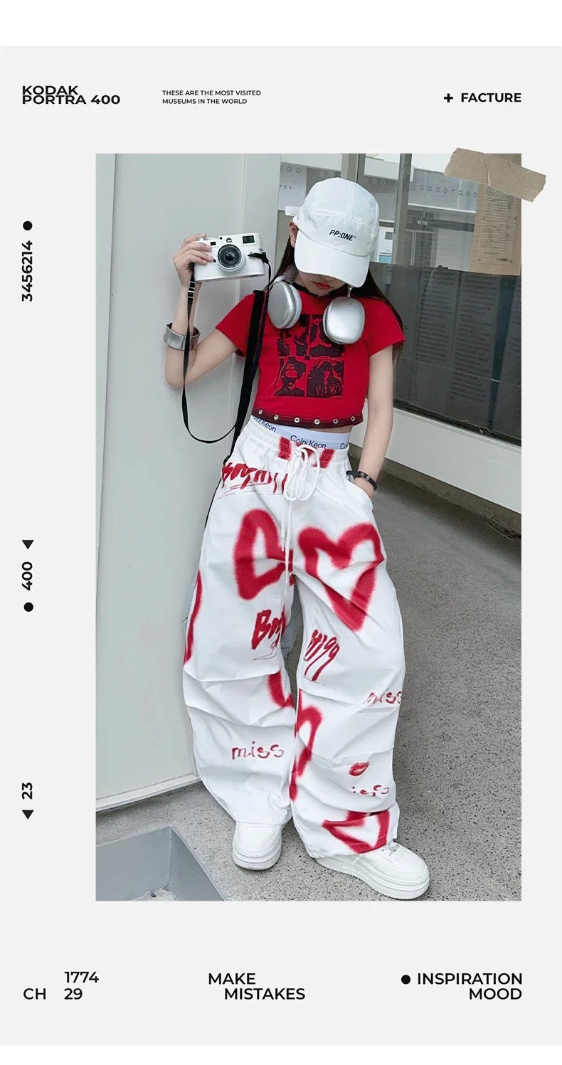 summer junior Girls Love Graffiti Casual Pants teenager girl Casual Hip Hop cargo pants kids Dance pants children clothes - SS69