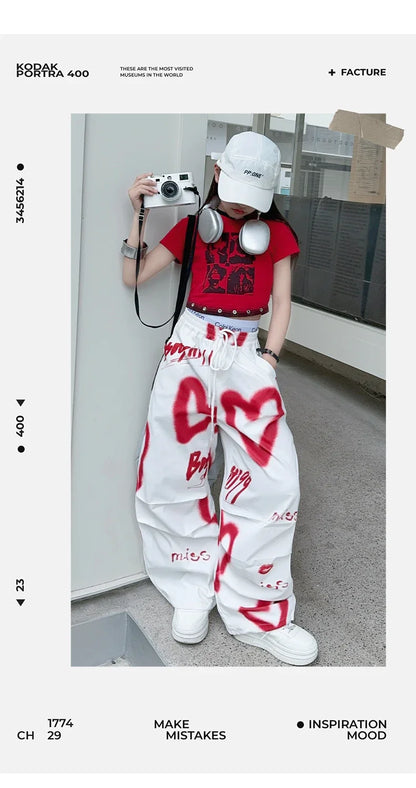 summer junior Girls Love Graffiti Casual Pants teenager girl Casual Hip Hop cargo pants kids Dance pants children clothes - SS69