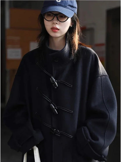 CHIC VEN Women Long Woolen Coats Single Breasted Loose Stand Collar Cow Horn Buttoned Office Ladies Overcoat Autumn Winter 2026