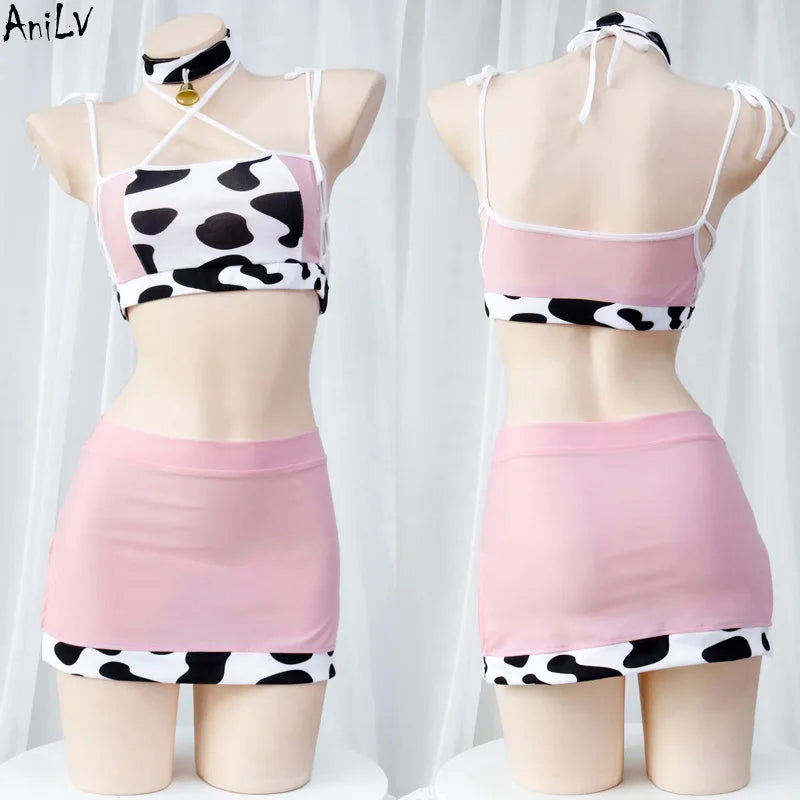 AniLV Cow Print Bikini Set with Maid Apron