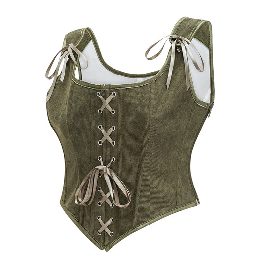 SS69 Victorian Vintage Corset Vest, Army Green Lace-Up Punk Goth Tank Top