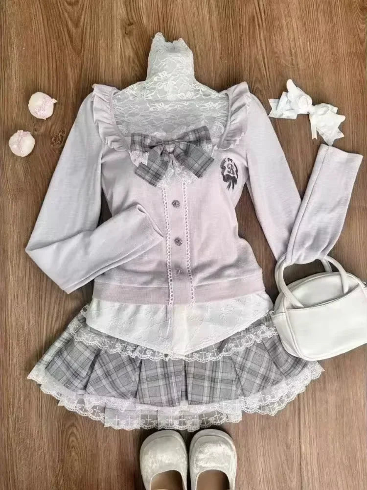 Japanese Sweet Preppy Style 2 Piece Set Women Kawaii Lace Patchwork Bow Tops + Y2k Plaid Mini Skirt Elegant Fashion Outifits New SS69 25.69 802 Sets / L