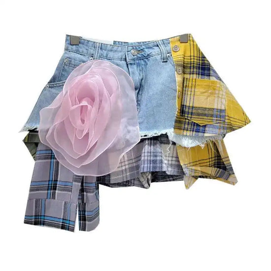 DEAT Women's Denim Skirt Colored Plaid Patchwork Irregular Deconstructed A-line High Waist Mini Skirt 2025 Summer New Fashion SS69 41.69 pink flower / S
