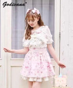 Japanese New Liz Plaid Bow Lolita Strawberry Embroidered Short Sleeve Shirt Women's Spring Summer Sweet Blouse Shirts