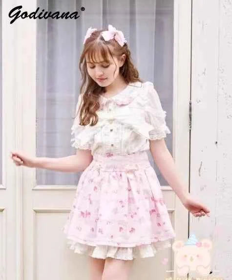 Japanese New Liz Plaid Bow Lolita Strawberry Embroidered Short Sleeve Shirt Women's Spring Summer Sweet Blouse Shirts