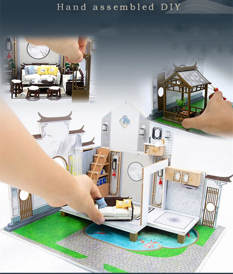 NEW DIY Wooden Doll Houses Japanese Ancient Casa Miniature Building Kits with Furniture Led Dollhouse for Adults Christmas Gifts SS69