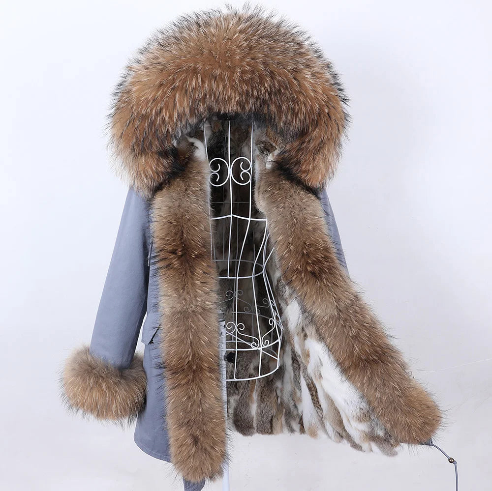 Maomaokong Winter Women Parka Cotton Jacket Real Fur Coat Natural Fox Fur Hooded Rabbit Fur Liner Thick Warm Outerwear Female
