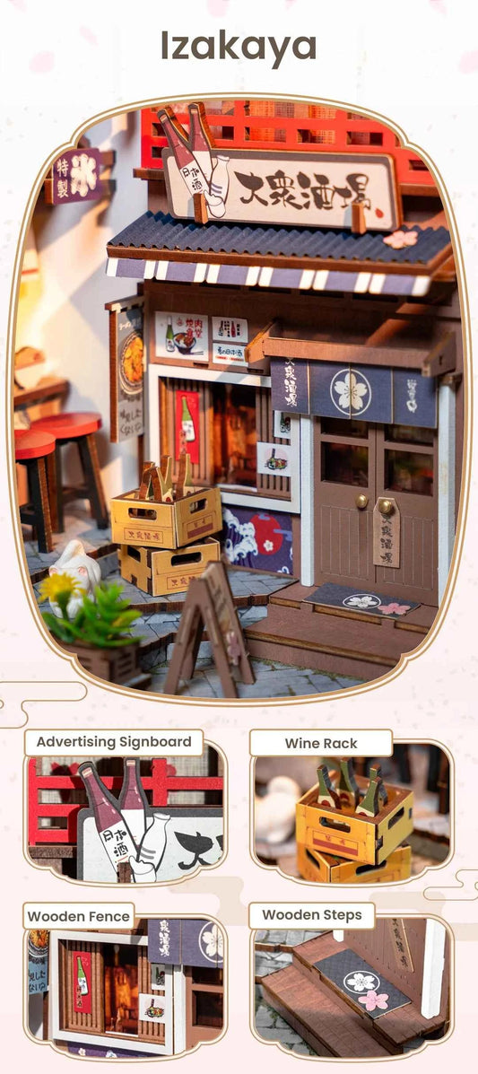 Robotime Rolife Sakura Wine Alley Japanese Style Design Book Nooks Kit for Family Home Bookshelf Decoration 3D DIY Wooden Puzzle