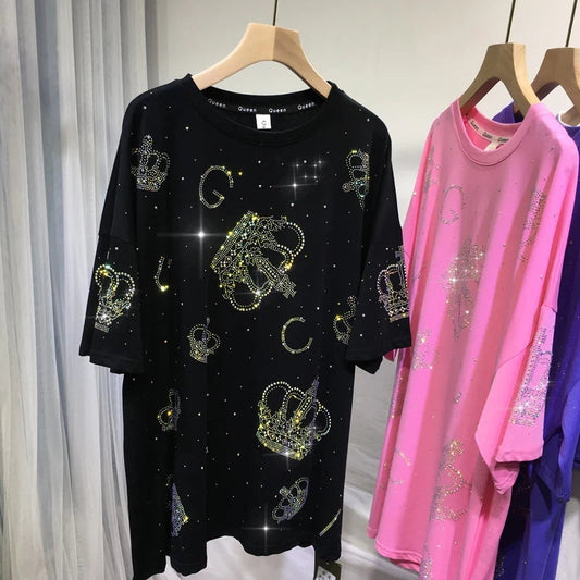 Oversized European top summer new fashion loose rhinestone diamond crown iron diamond women's short-sleeved T-shirt SS69 26.69 black / 2XL