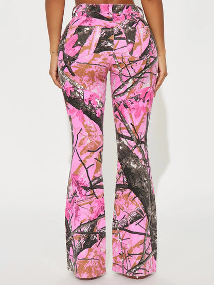 Rockmore Pink Thorn Camouflage Printed Flare Pant Casual High Street Trouser Women Y2k Clothes Autumn Aesthetic Grunge Fairycore SS69