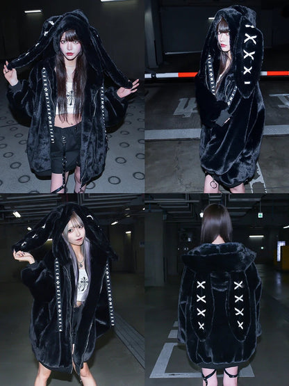 Nerazzurri Winter Sweet Cute Kawaii Soft Thick Warm White Faux Fur Coat Women with Bunny Ears Cute Fluffy Jacket Hoodie 2024 SS69