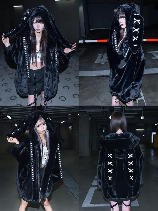 Nerazzurri Winter Sweet Cute Kawaii Soft Thick Warm White Faux Fur Coat Women with Bunny Ears Cute Fluffy Jacket Hoodie 2024 SS69