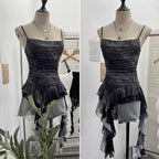 Women's Vintage Tie-dye Printed Mesh Spaghetti Strap Camisole Hot Girl Irregular Ruffled Ribbon Sleeveless Top Partyclub 1185