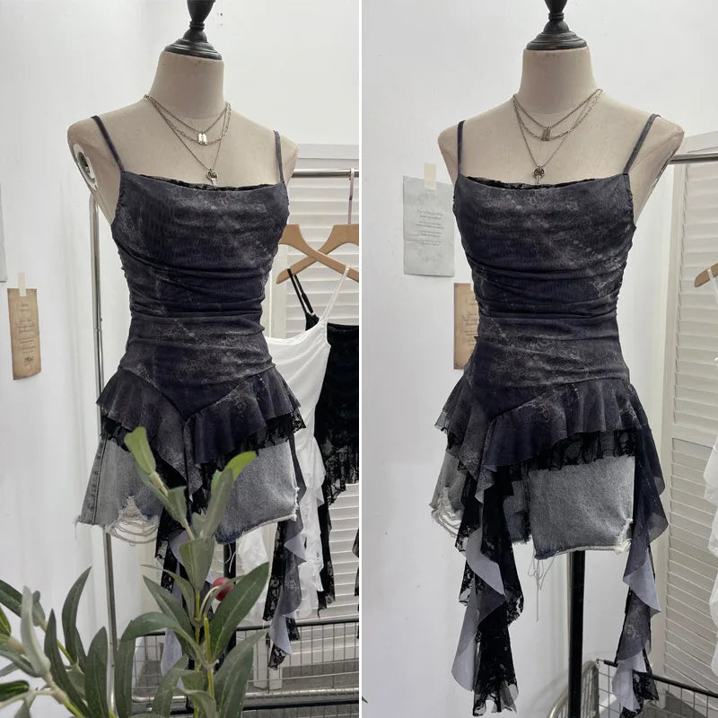 Women's Vintage Tie-dye Printed Mesh Spaghetti Strap Camisole Hot Girl Irregular Ruffled Ribbon Sleeveless Top Partyclub 1185