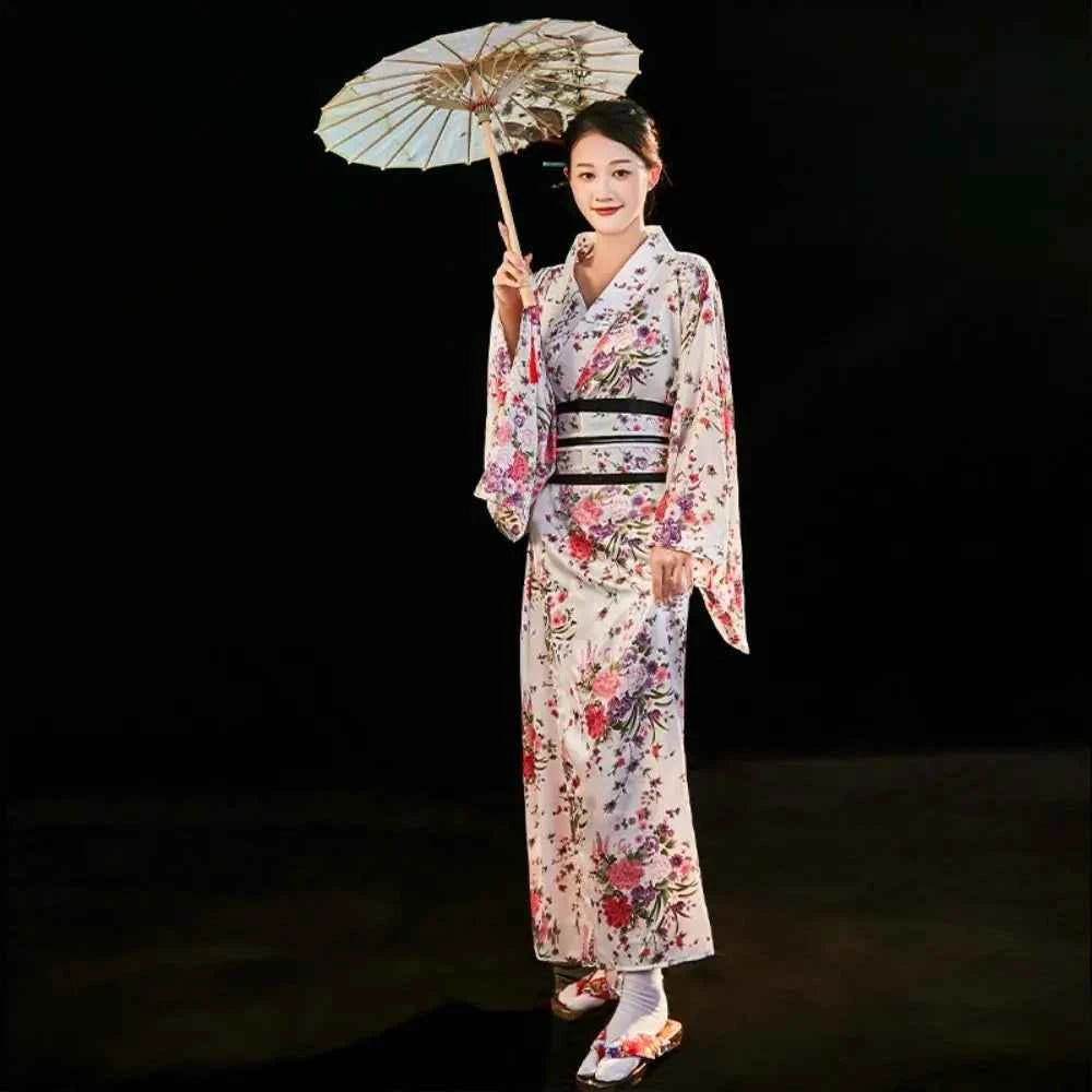 Cosplay Costume Traditional Japanese Kimono Japanese Style Printed Floral Sakura Girl Kimono Dress Asian Elegance