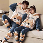 Adult Winter Thicken Sleepwear Pajamas Set Women Coral Fleece Pyjama Cartoon Deer Panda Hooded Homewear Loungewear Pijamas Suit