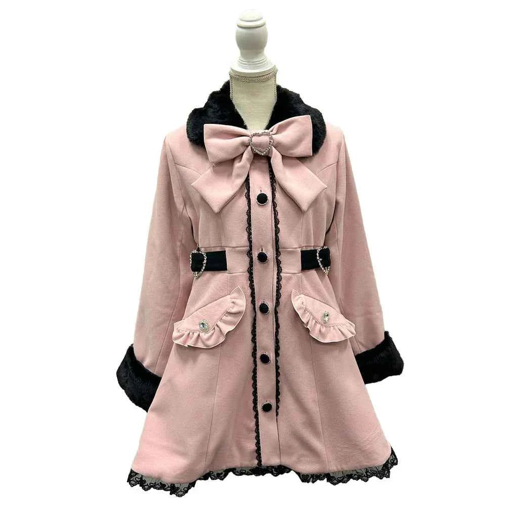 Japanese Sweet Winter Woolen Coat Lolita Style Cute Big Bow Fungus Edge Long Sleeve Slim Kawaii Girls Women Elegant Overcoat