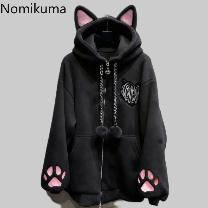 Thicked Women Jackets Cute Cat Ear Hooded Long Sleeve Punk Outerwear Fashion Casual Warm Coats 2025 Ropa Mujer Japanese Y2k Tops