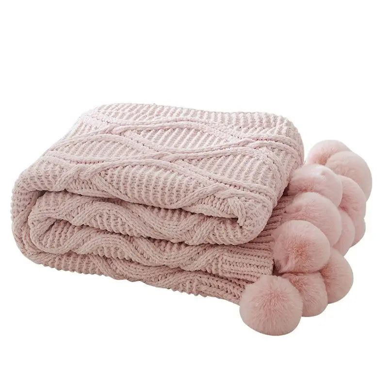 SS69 Chunky Chenille Knit Throw Blanket with Pom Poms, 130x170cm