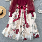 SINGREINY Senior Knitted Patchwork Dress Long Lantern Sleeves Bow Mesh Embroidery Floral Women Autumn France Elegant Party Dress