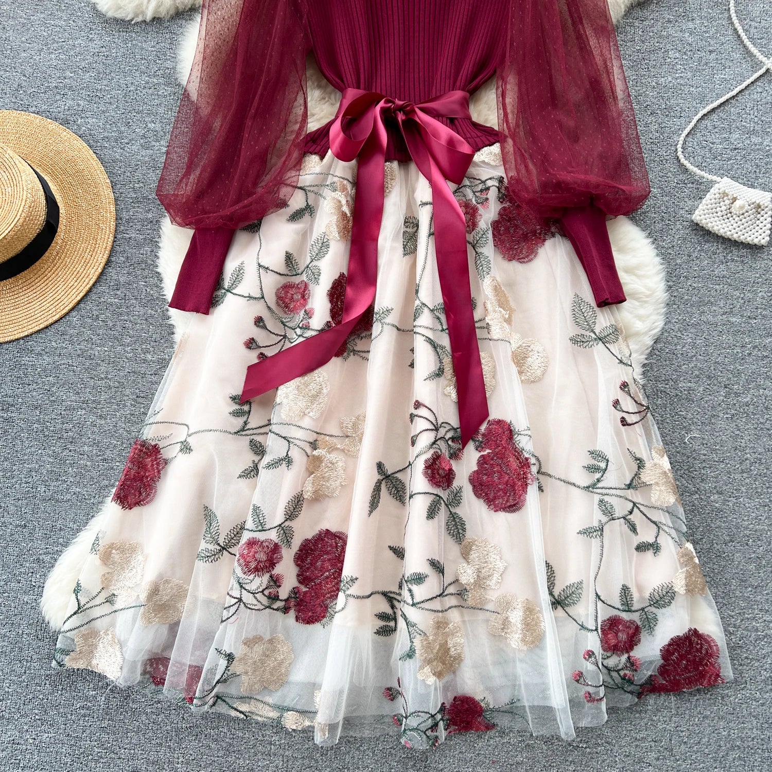 SINGREINY Senior Knitted Patchwork Dress Long Lantern Sleeves Bow Mesh Embroidery Floral Women Autumn France Elegant Party Dress