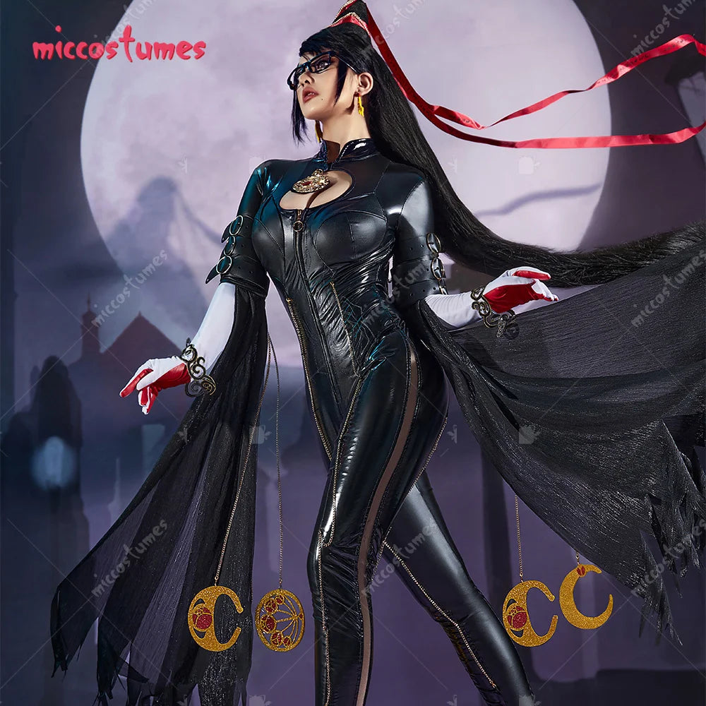 Miccostumes Women's Black Witch PU Leather Cosplay Bodysuit