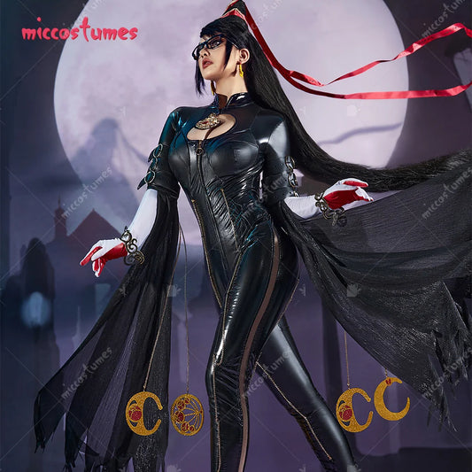 Miccostumes Women's Black Witch Cosplay Bodysuit PU Leather Halloween Costume