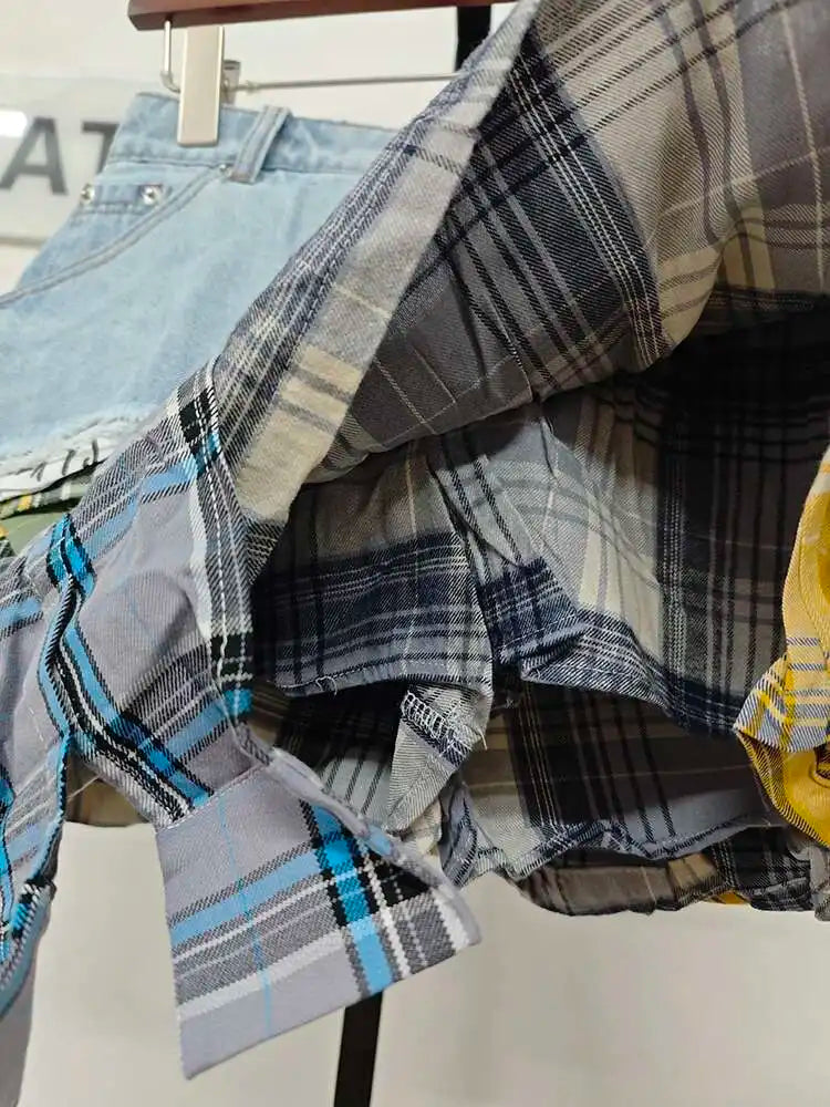 DEAT Women's Denim Skirt Colored Plaid Patchwork Irregular Deconstructed A-line High Waist Mini Skirt 2025 Summer New Fashion SS69