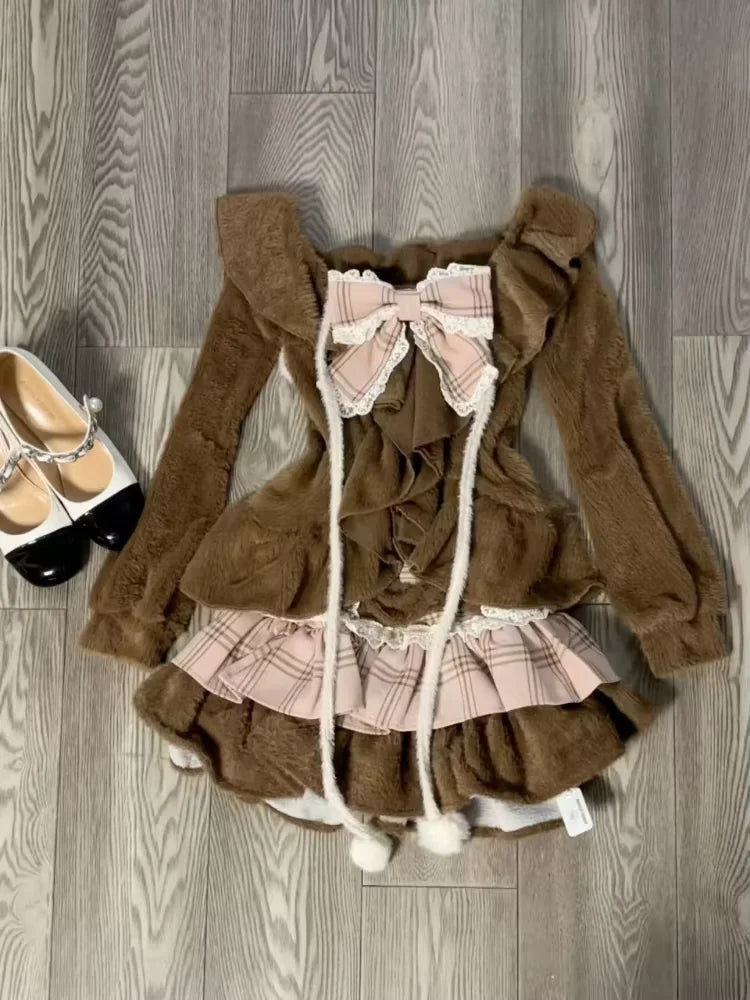 Japanese Sweet Preppy Style 2 Piece Set Women Kawaii Lace Patchwork Bow Tops + Y2k Plaid Mini Skirt Elegant Fashion Outifits New SS69 25.69 812 Sets / L