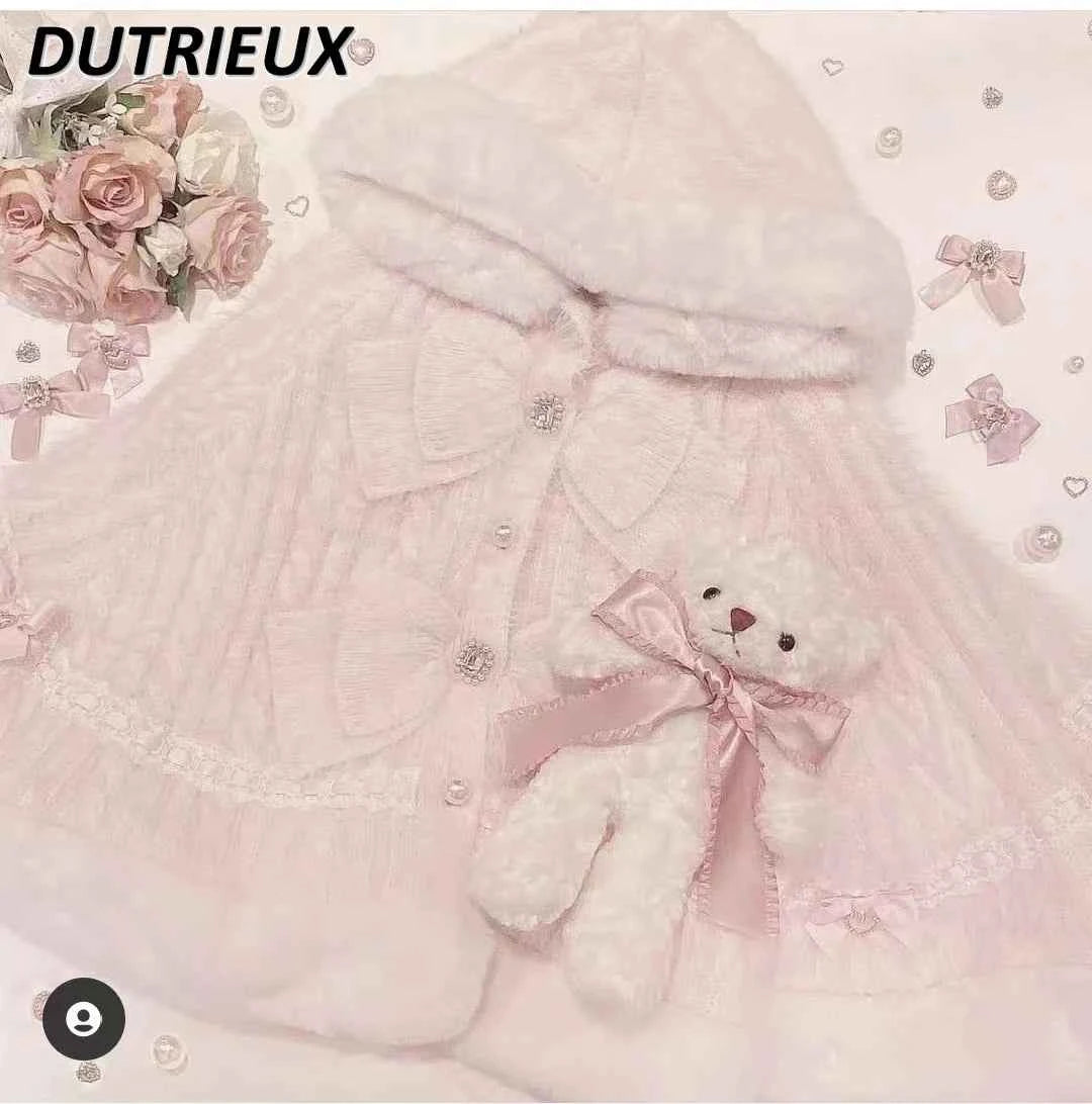 Fall Winter New Sweater Cardigan Women Japanese Mine Sweet Soft Waxy Thick Sweet Pearl Button Hooded Knitted Sweater Cape Jacket