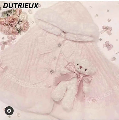 Fall Winter New Sweater Cardigan Women Japanese Mine Sweet Soft Waxy Thick Sweet Pearl Button Hooded Knitted Sweater Cape Jacket