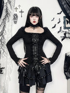 AltGoth Aesthetic Goth T-shirt Women Hotsweet Y2k E-girl 2000s Streetwear Lace Patchwork Square Collar Long Sleeve Crop Tee Tops SS69