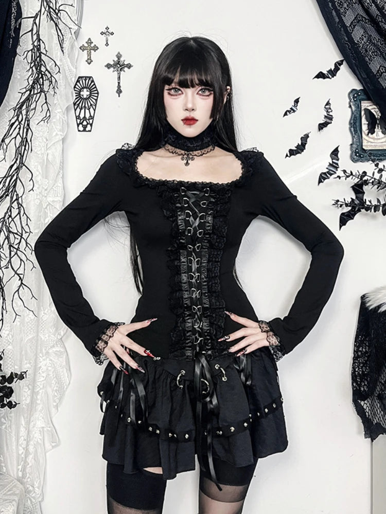 AltGoth Aesthetic Goth T-shirt Women Hotsweet Y2k E-girl 2000s Streetwear Lace Patchwork Square Collar Long Sleeve Crop Tee Tops SS69