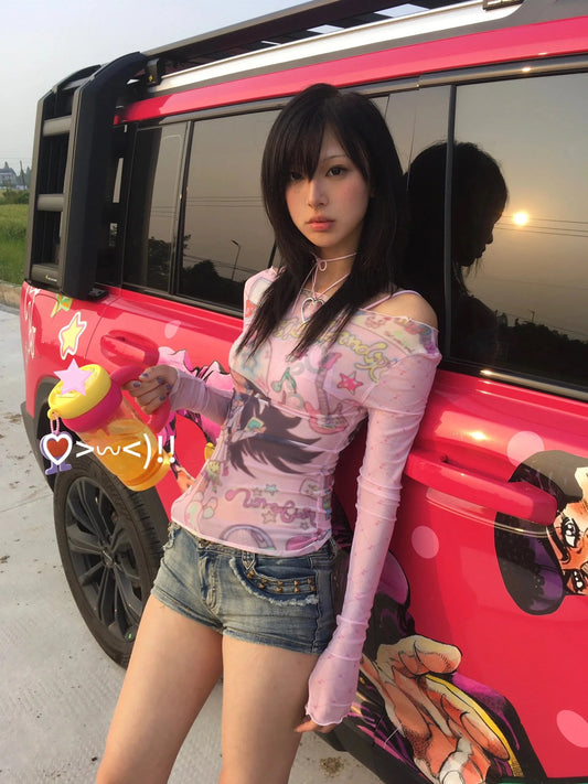 Karrram Japanese Y2k Anime Print Mesh Tops 2000s Aesthetics Pink Sheer Top Vintage Harajuku Kawaii See Through T-shirt Lolita SS69