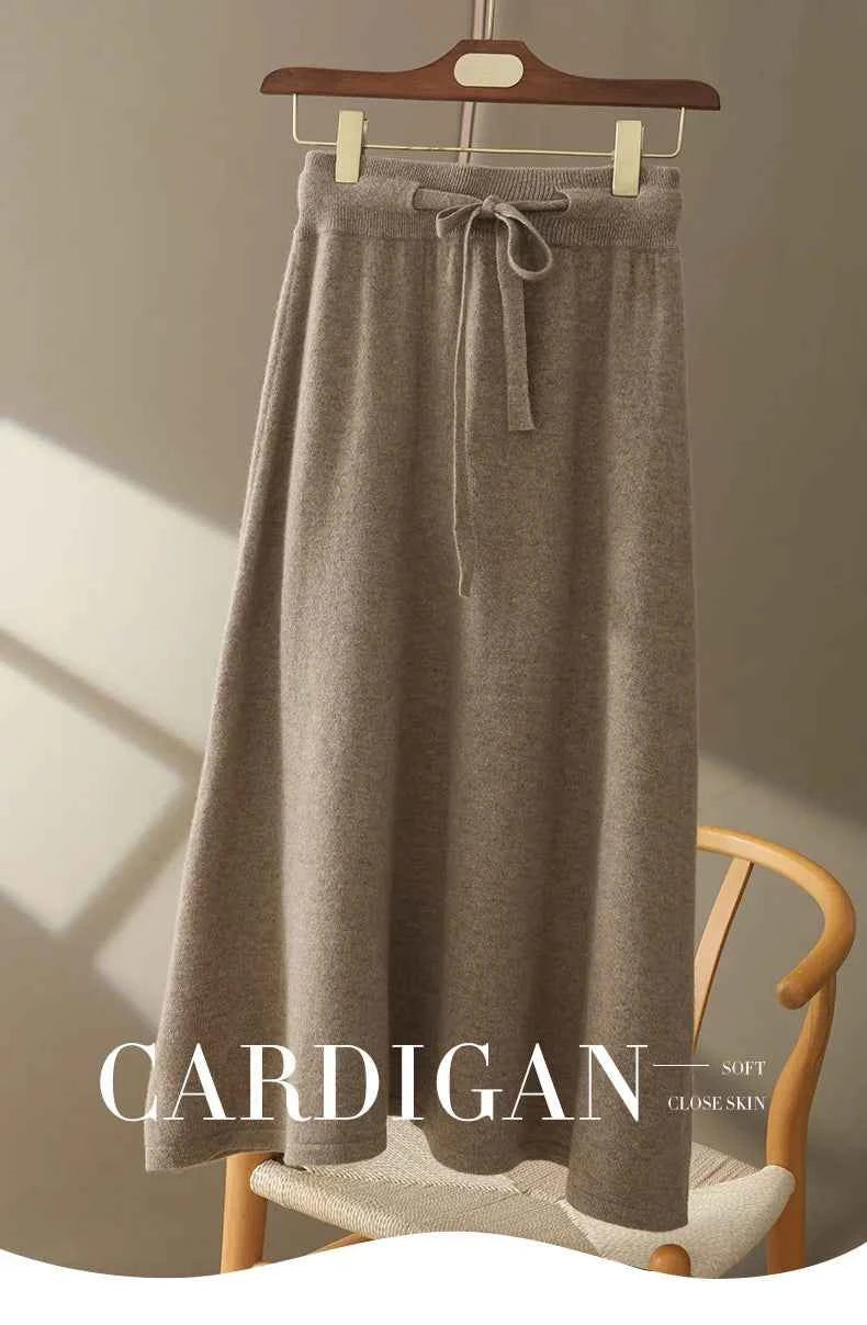 Autumn And Winter100% Pure Wool Skirt Women's Long Pocket Small A Skirt High Waist Slim Cashmere Knit A-Line Skirt