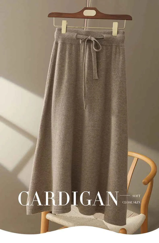 Autumn And Winter100% Pure Wool Skirt Women's Long Pocket Small A Skirt High Waist Slim Cashmere Knit A-Line Skirt