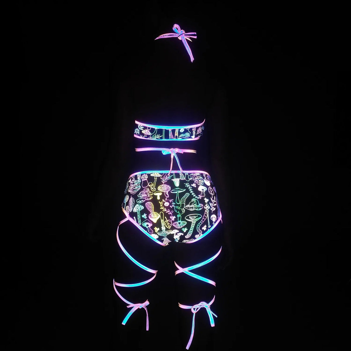 Harajuku Fashion Women Colorful Reflective Set Bandage Shorts+Bra+Crop Top Techwear Clothing Conjuntos Curtos SS69
