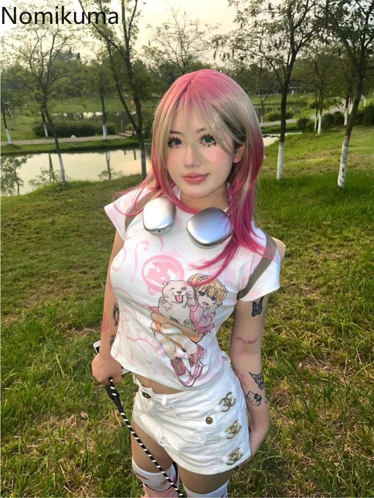 Japanese Camisetas Y2k Tshirts Crop Tops Women Clothing Short Sleeve O-neck Cute Tees Anime Print Casual Fashion Summer T-shirt SS69