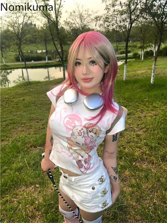 Japanese Camisetas Y2k Tshirts Crop Tops Women Clothing Short Sleeve O-neck Cute Tees Anime Print Casual Fashion Summer T-shirt SS69